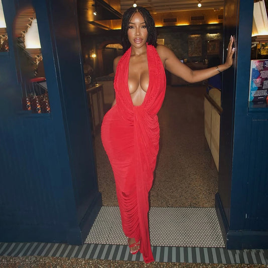 MB1533 Women's Halter Neck Ruched Maxi Dress