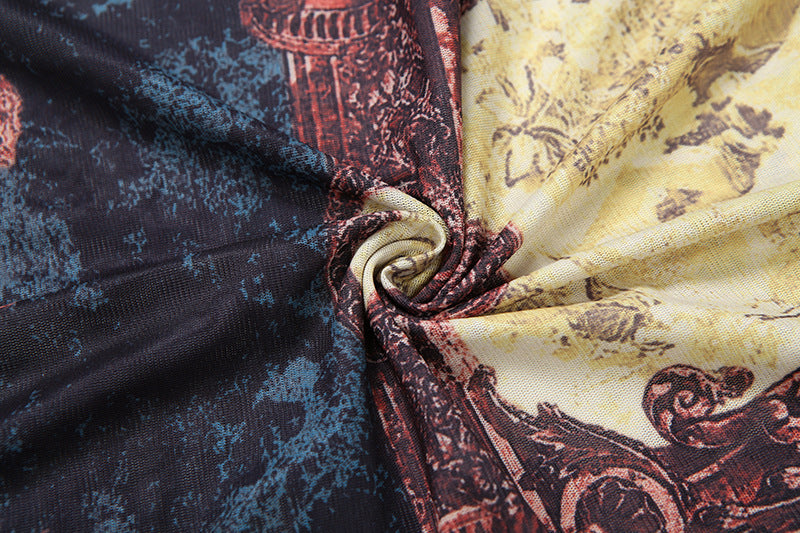 MB1139 Vintage Print Sheer Mesh Bodycon Mini Dress