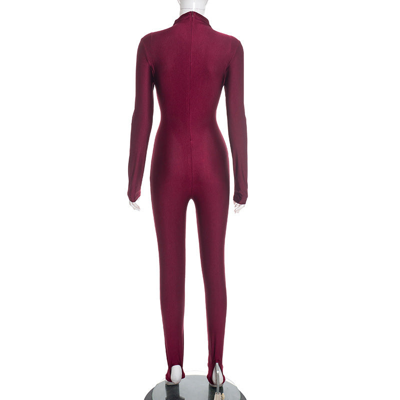 MB10151 Women's Wine Red Long Sleeve Turtleneck Jumpsuit