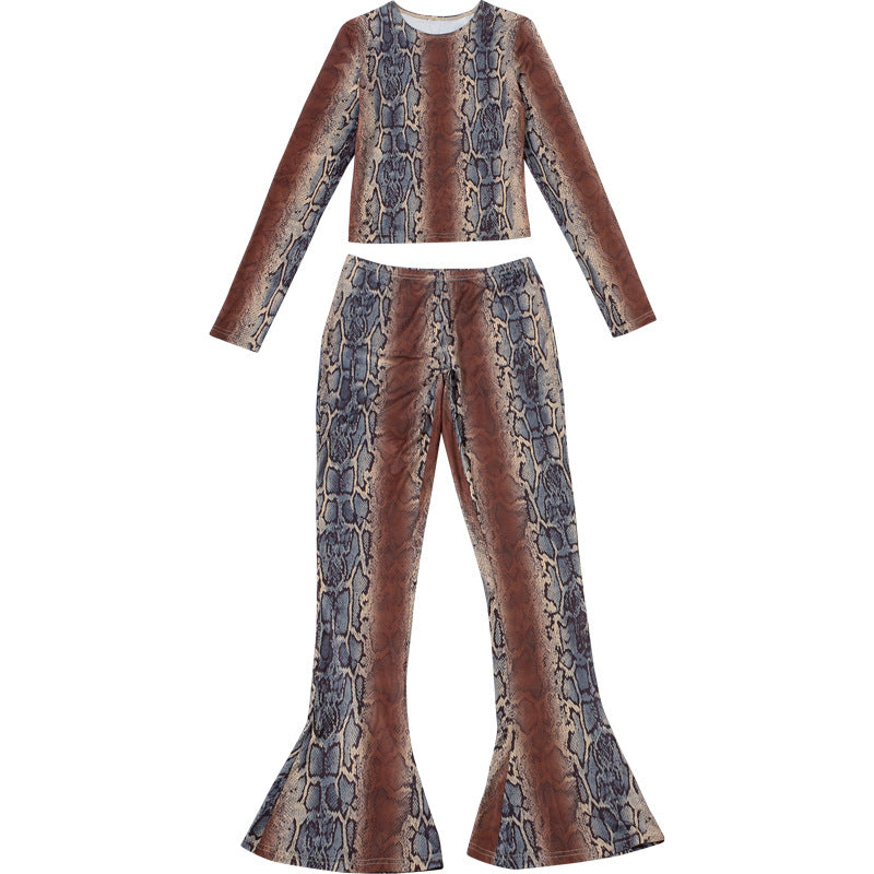MB1144 Women's Snake Print Two Piece Set – Form-Fitting Top & Flared Pants