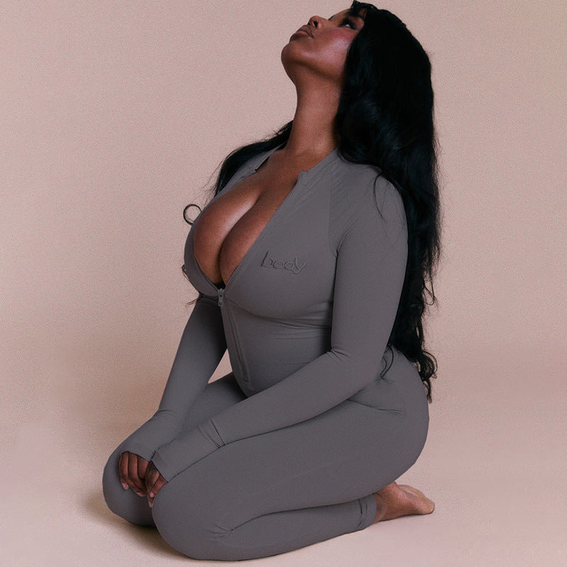 MB1508 Front Zipper Long Sleeve Bodycon Jumpsuit