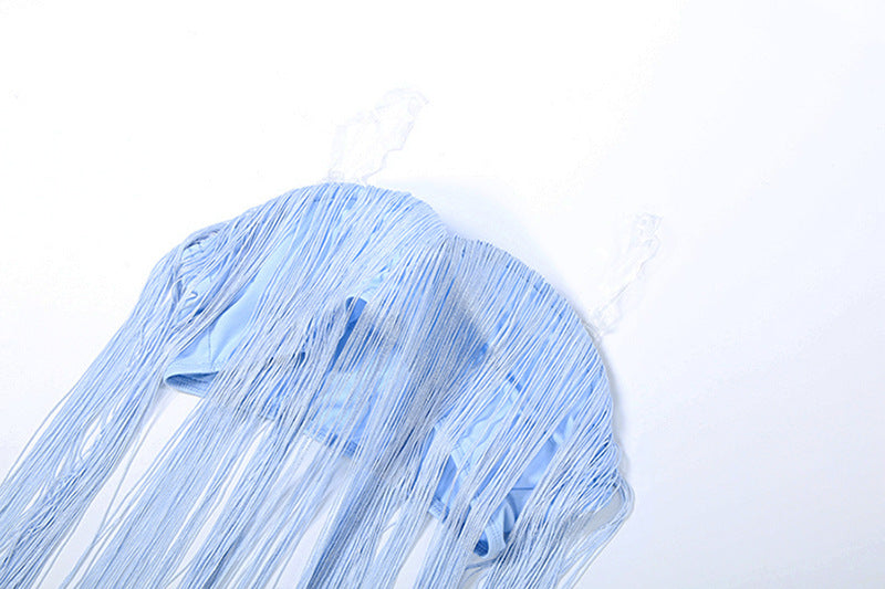 MB1521 Light Blue Fringe Strapless Crop Top for Women