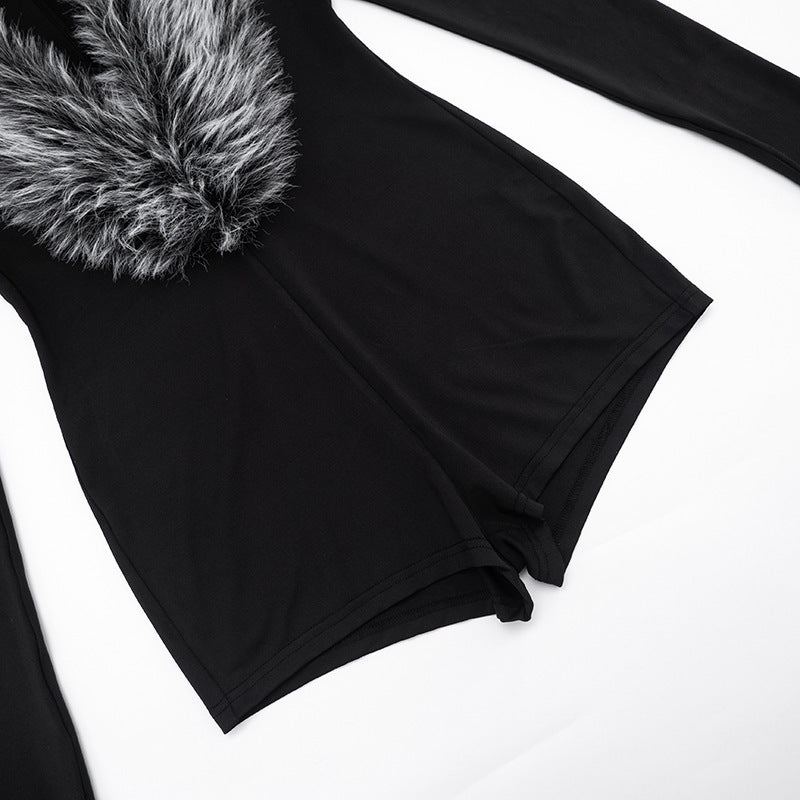 MB10131 Women's Black Faux Fur Collar Long Sleeve Bodycon Romper
