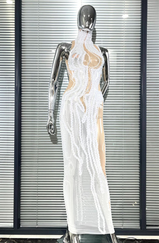 MB2105 White Sequin Mesh Maxi Dress, High Neck Sheer Bodycon Party Gown