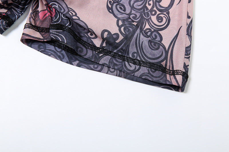 MB1112 Graphic Print Sheer Tight Backless Romper