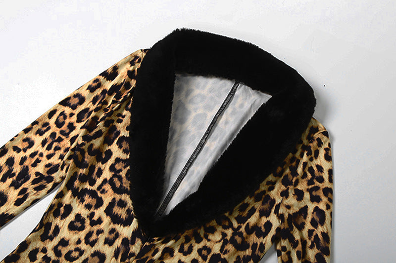 MB1512 Leopard Print Bodycon Jumpsuit - Black Faux Fur Collar & Cuff Trim
