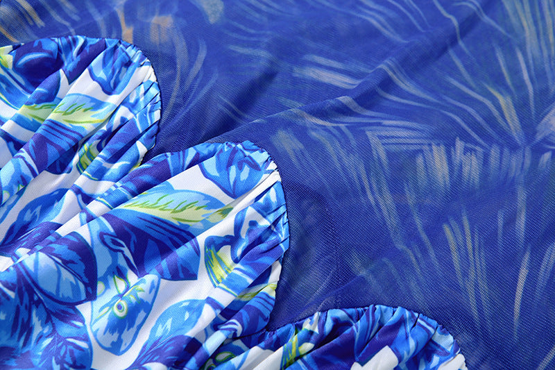 MB1814 Women's Blue Floral Milk Silk A-Line Maxi Dress