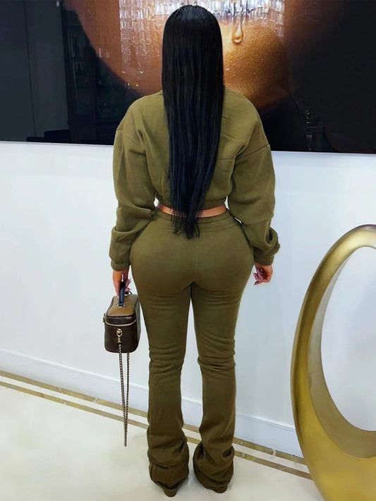 MB1719 Women’s Crop Hoodie & Flare Pants 2-Piece Tracksuit Set