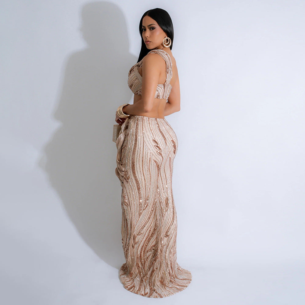 MB1219 Sequin One-Shoulder Crop Top & Bodycon Maxi Skirt Two Piece Set