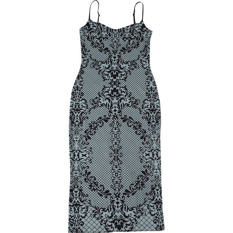 MB1836 Sexy Spaghetti Strap Backless Midi Dress | Vintage Damask Print Bodycon Dress