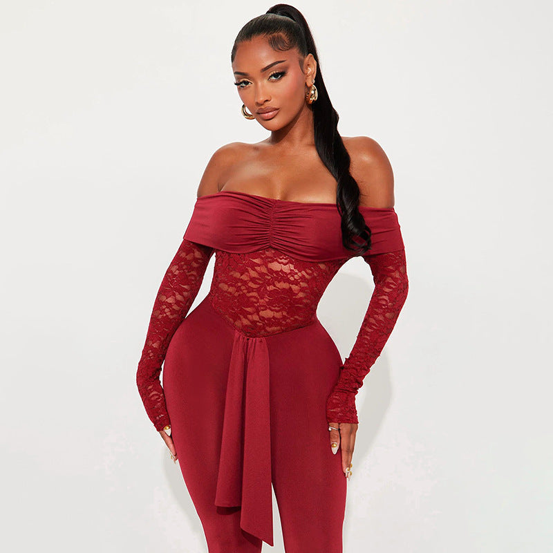 MB1420 Off-the-Shoulder Lace Flared Leg Jumpsuit for Women