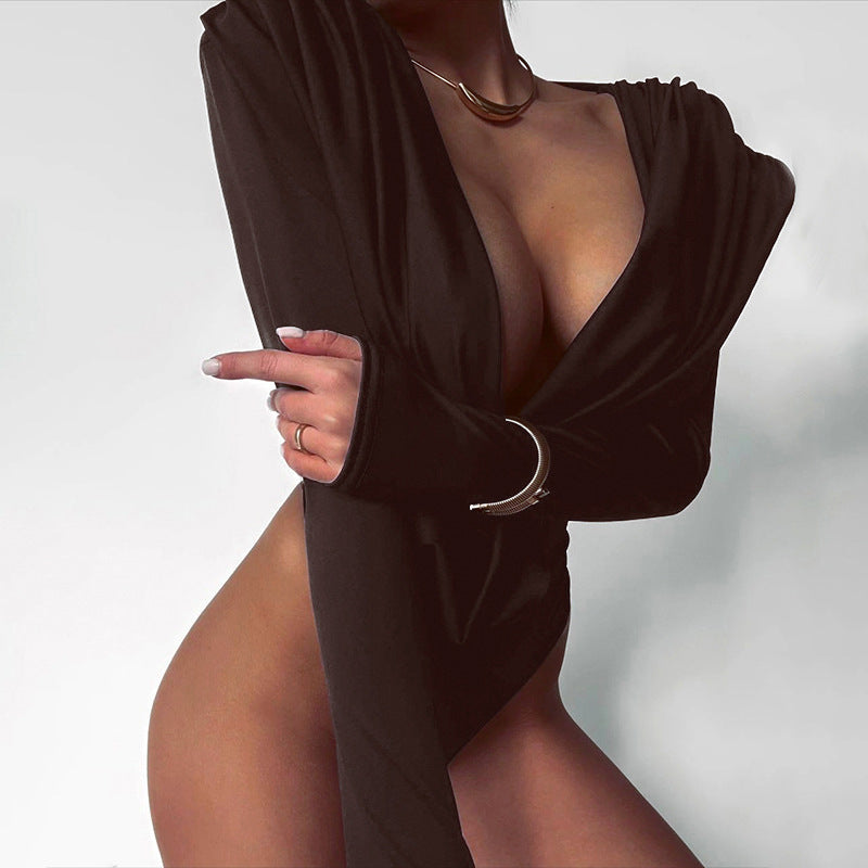MB1831 Women's Deep V Neck Long Sleeve Bodycon Bodysuit