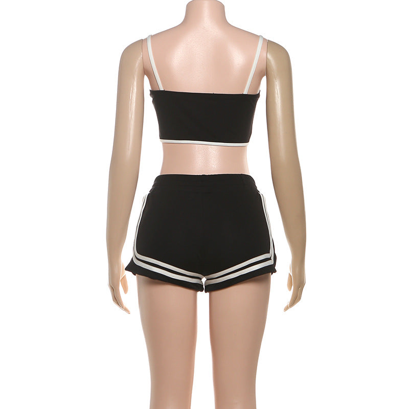 MB1803 Women's Cropped Jacket + Strappy Crop Top + High-Waisted Shorts Three-Piece Outfit