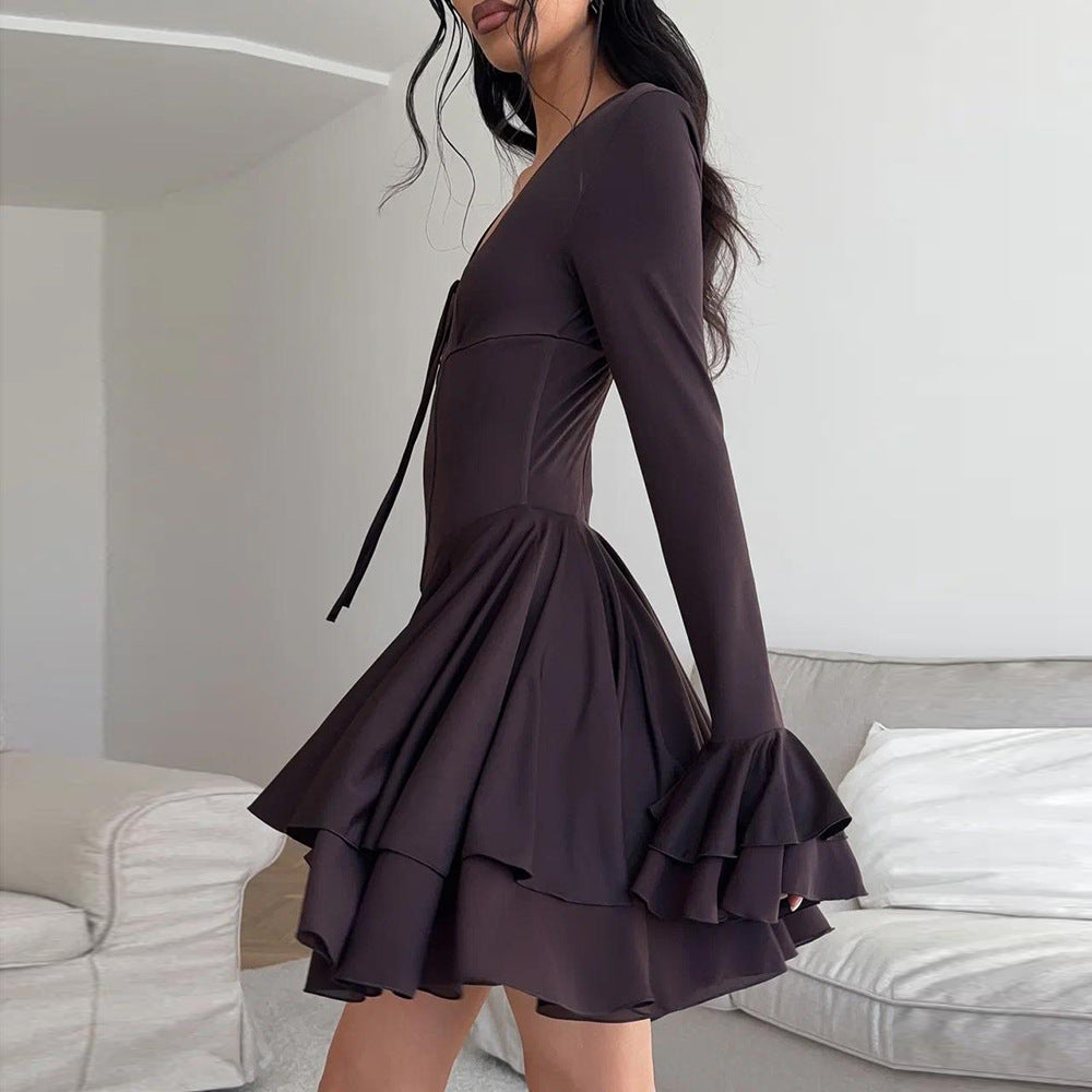 MB1321 Long Sleeve Tie-Front Mini Dress with Bell Cuffs