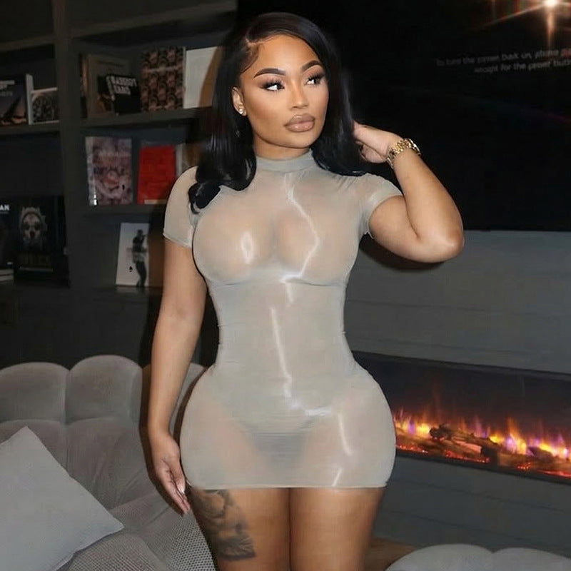MB1464 Sheer Mesh Mock‑Neck Short‑Sleeve Bodycon Mini Dress