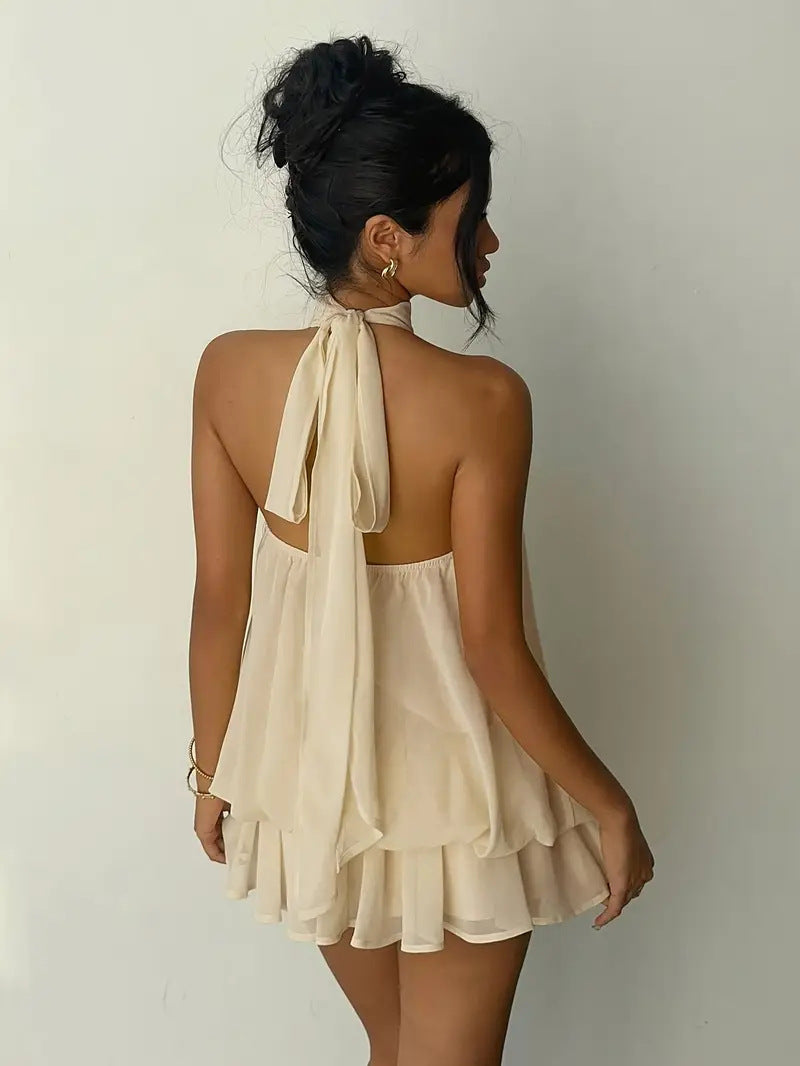 MB2001 Halter Backless Mini Dress - Flowy Ruffle Chiffon Party Dress for Women