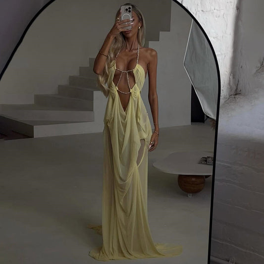 MB1530 Women's Sheer Mesh Halter Neck Cut Out Maxi Dress