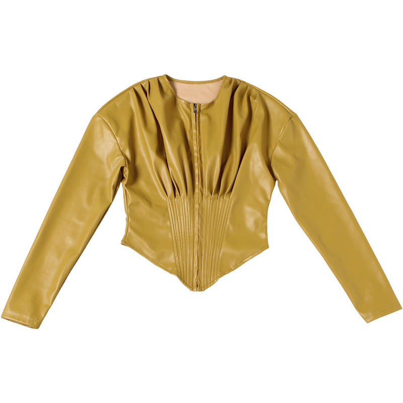 MB1840 Mustard Faux Leather Corset Crop Top | Long Sleeve Zip-Up Blouse
