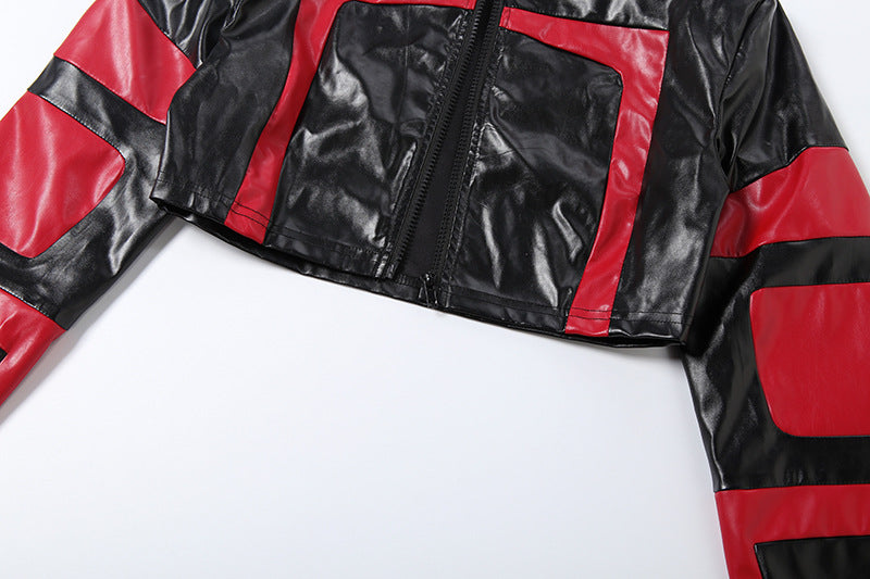 MB1150 Women’s Black & Red Color Block Cropped Faux Leather Moto Jacket