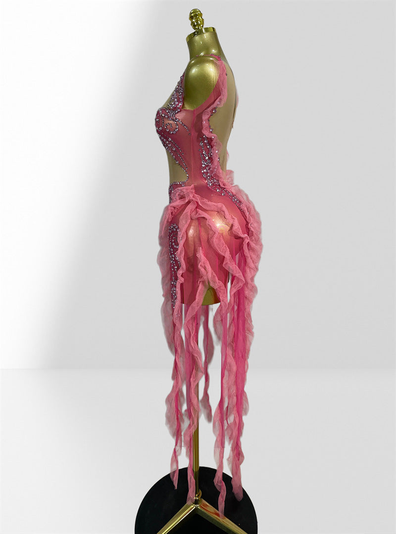 MB2109 Pink Rhinestone Mesh Dress, Ruffle Tulle Fringe Party Latin Dance Performance Gown