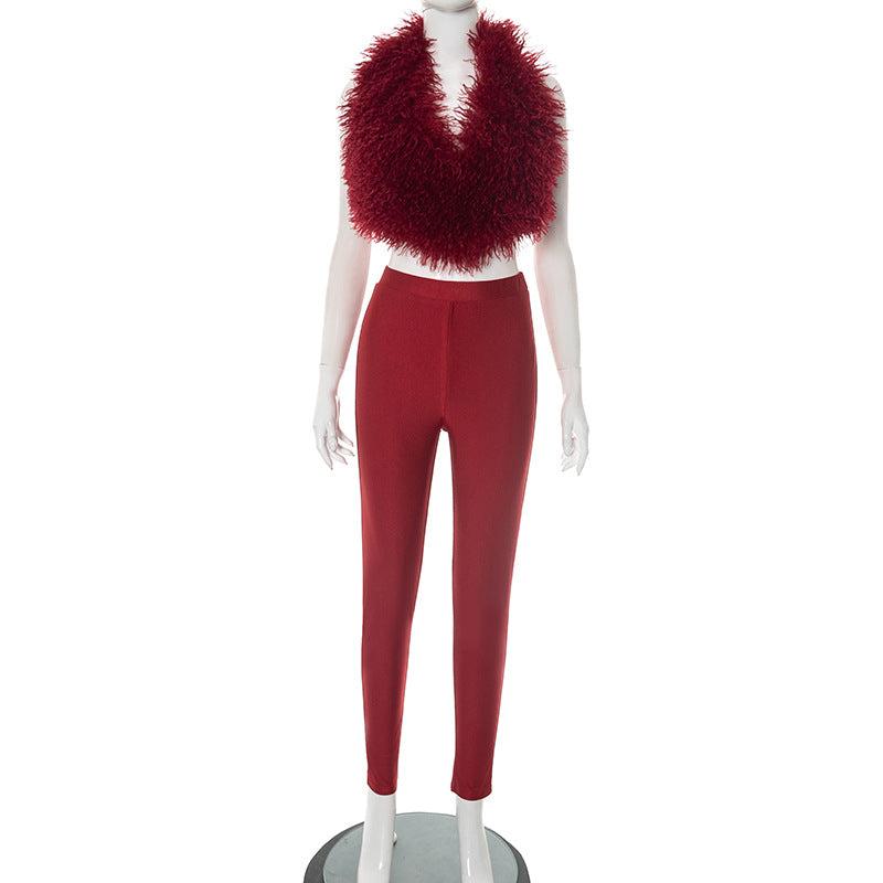 MB1017 Fuzzy Cropped Top and High Waisted Leggings Set