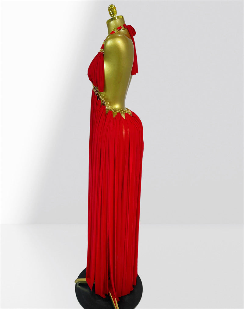 MB2102 Sexy Low‑Cut Metal Ring Cutout Halter Maxi Dress, Vacation Gown