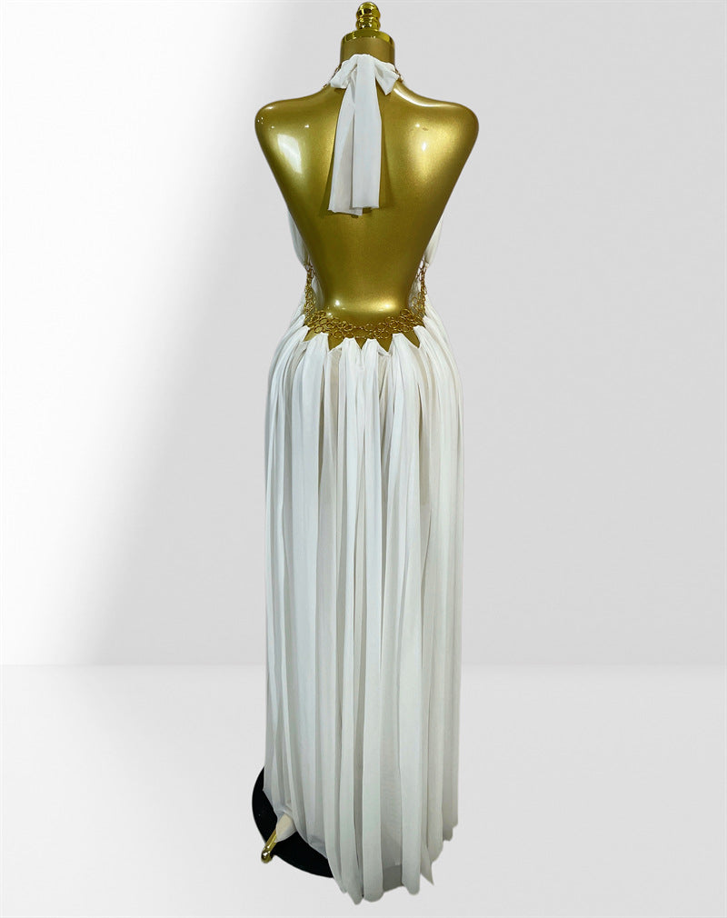 MB2102 Sexy Low‑Cut Metal Ring Cutout Halter Maxi Dress, Vacation Gown