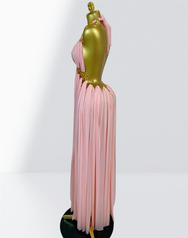 MB2102 Sexy Low‑Cut Metal Ring Cutout Halter Maxi Dress, Vacation Gown