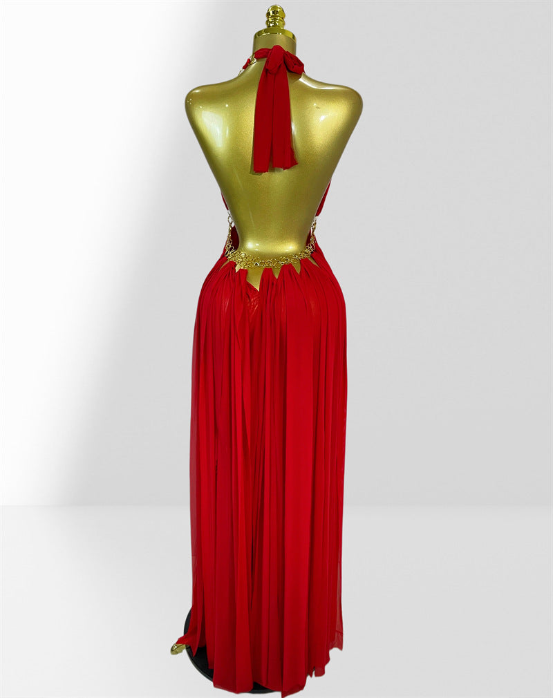 MB2102 Sexy Low‑Cut Metal Ring Cutout Halter Maxi Dress, Vacation Gown