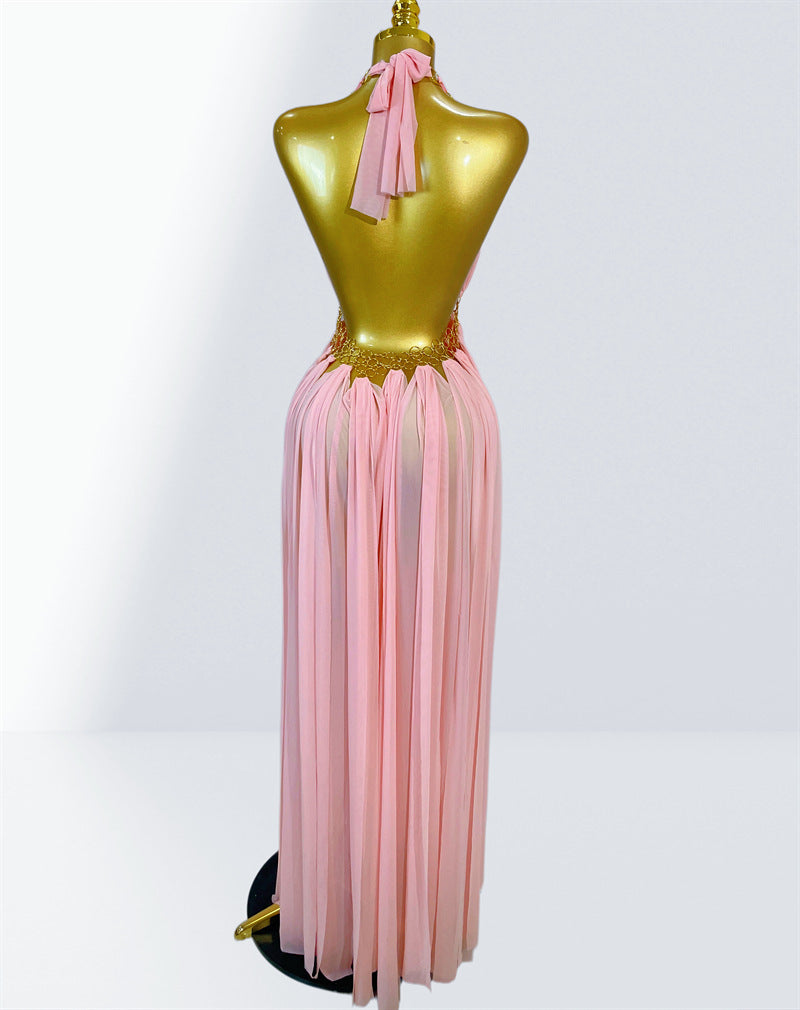 MB2102 Sexy Low‑Cut Metal Ring Cutout Halter Maxi Dress, Vacation Gown