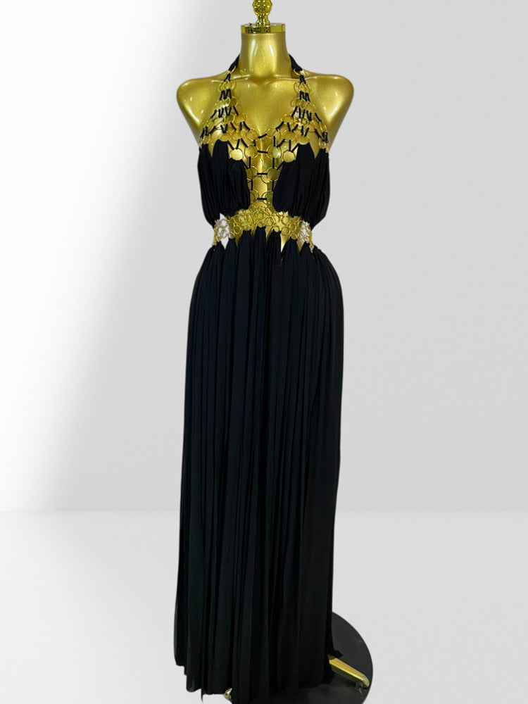 MB2102 Sexy Low‑Cut Metal Ring Cutout Halter Maxi Dress, Vacation Gown