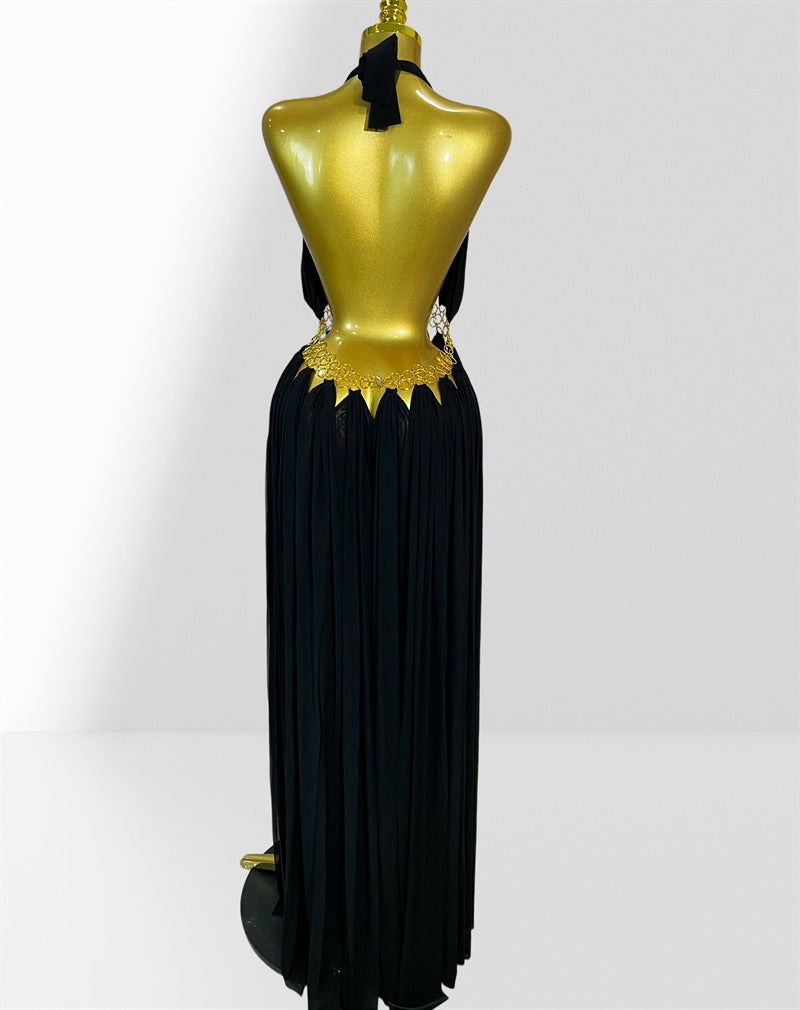 MB2102 Sexy Low‑Cut Metal Ring Cutout Halter Maxi Dress, Vacation Gown