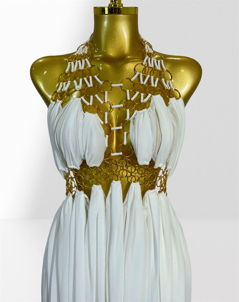 MB2102 Sexy Low‑Cut Metal Ring Cutout Halter Maxi Dress, Vacation Gown