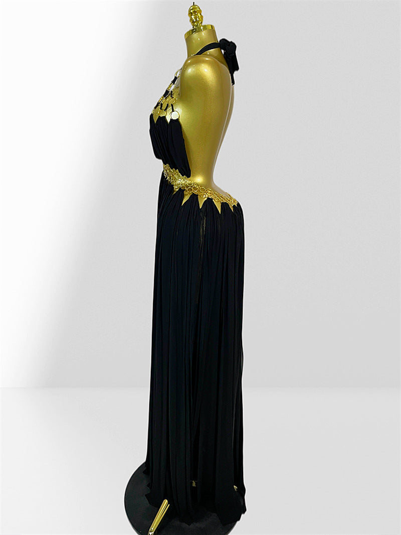 MB2102 Sexy Low‑Cut Metal Ring Cutout Halter Maxi Dress, Vacation Gown