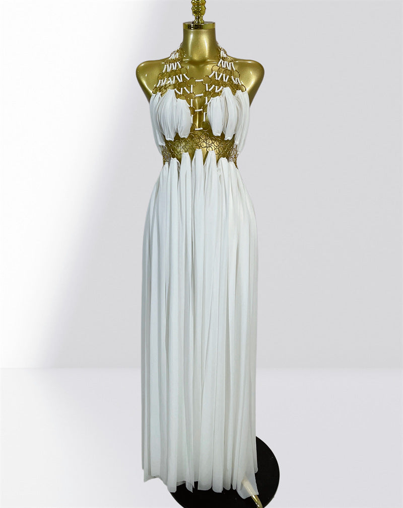 MB2102 Sexy Low‑Cut Metal Ring Cutout Halter Maxi Dress, Vacation Gown