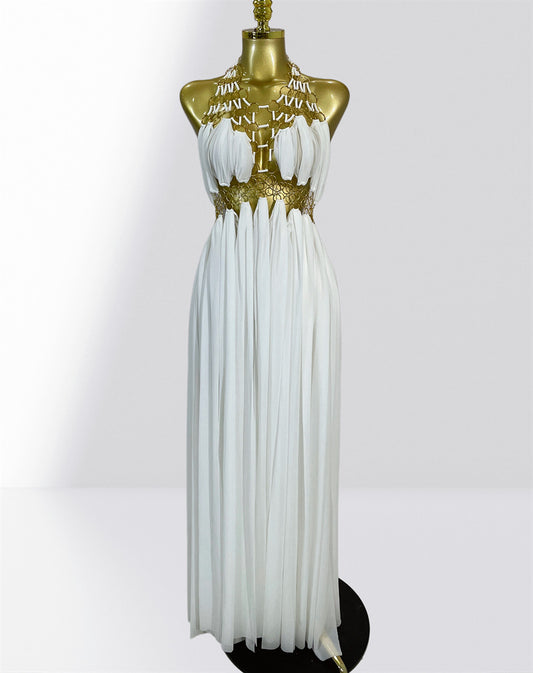 MB2102 Sexy Low‑Cut Metal Ring Cutout Halter Maxi Dress, Vacation Gown