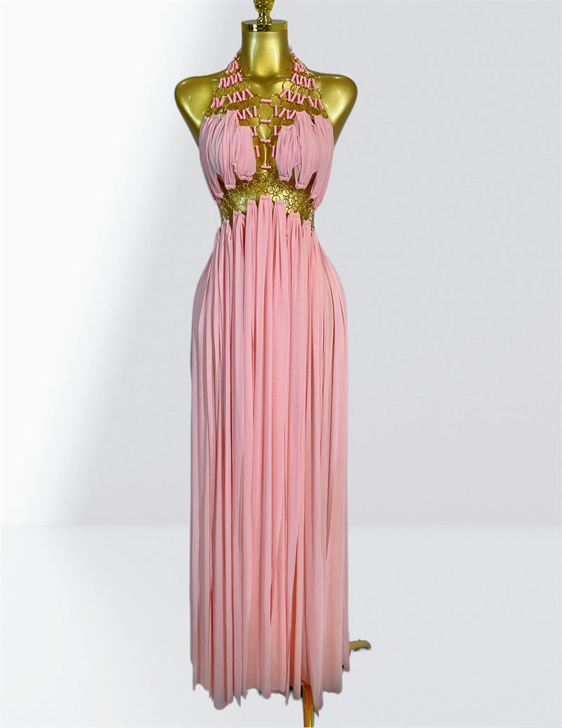 MB2102 Sexy Low‑Cut Metal Ring Cutout Halter Maxi Dress, Vacation Gown