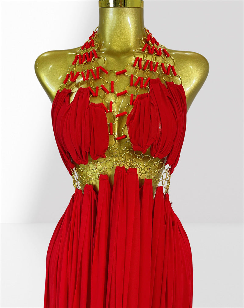 MB2102 Sexy Low‑Cut Metal Ring Cutout Halter Maxi Dress, Vacation Gown