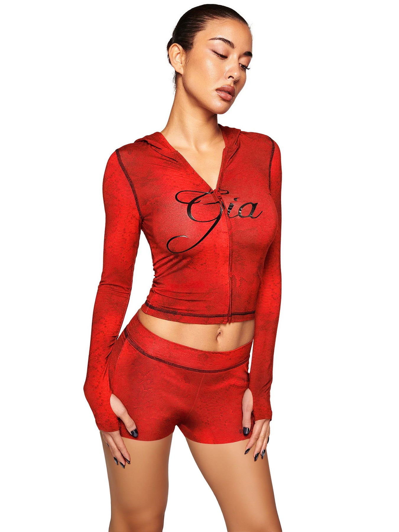 MB1727 Zip-Up Hoodie & Biker Shorts Two Piece Set – Y2K Sexy Crop Top Loungewear