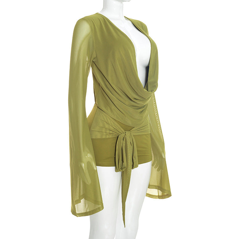 MB10195 Women Mesh Flare‑Sleeve Romper