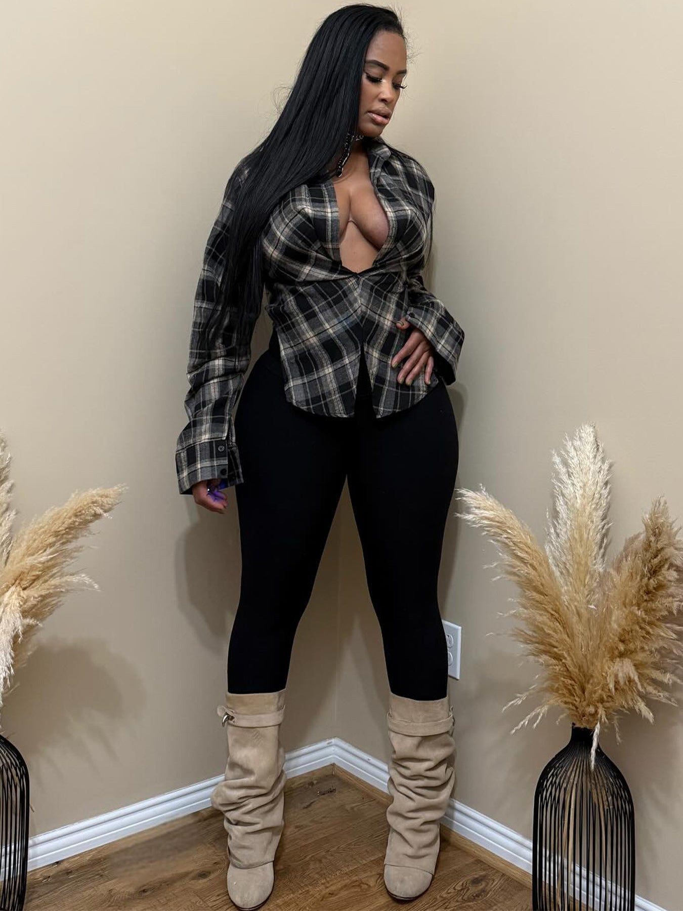 MB1718 Women’s Plaid Deep V-Neck Long Sleeve Shirt