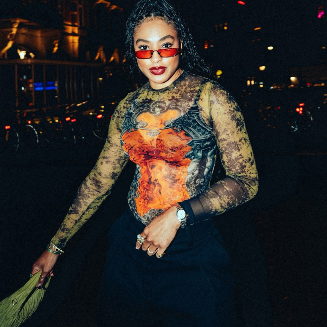 MB1138 Vintage Print Long Sleeve Mesh Top