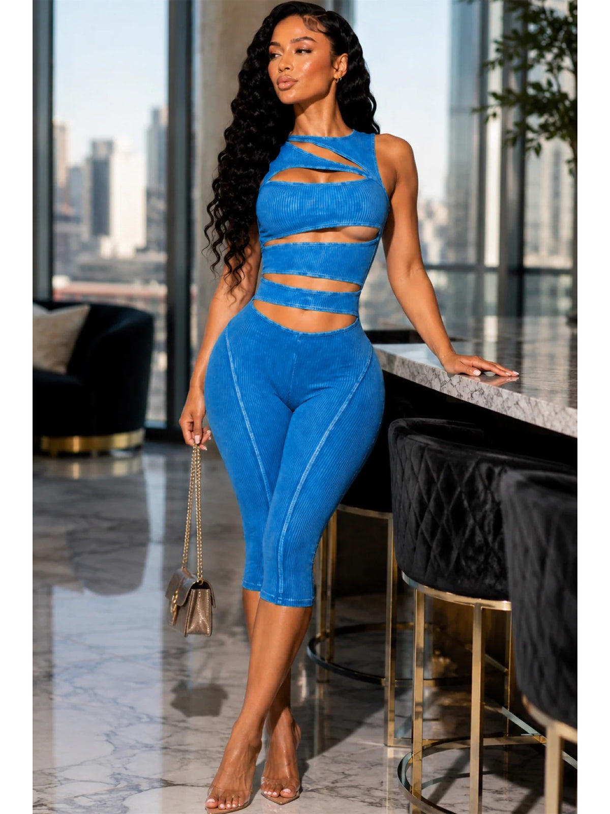 MB1733 Washed Ribbed Cut‑Out Bodycon Sleeveless Capri Jumpsuit