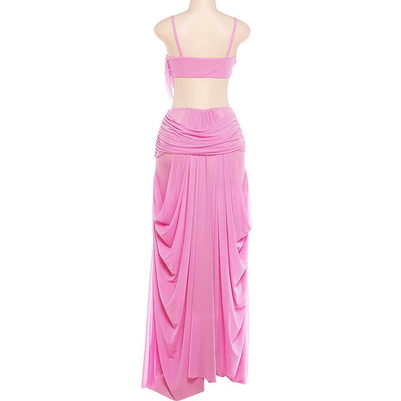 MB1901 Pink Two-Piece Mesh Set – Spaghetti Strap Crop Top & High Waist Maxi Skirt