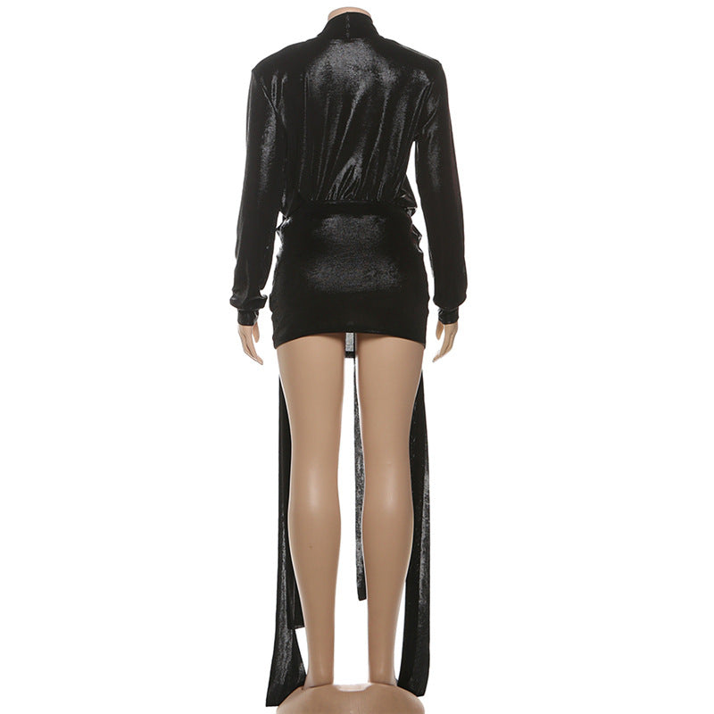 MB1509 Metallic 2-Piece Set: Long Sleeve Wrap Top and Bodycon Mini Skirt