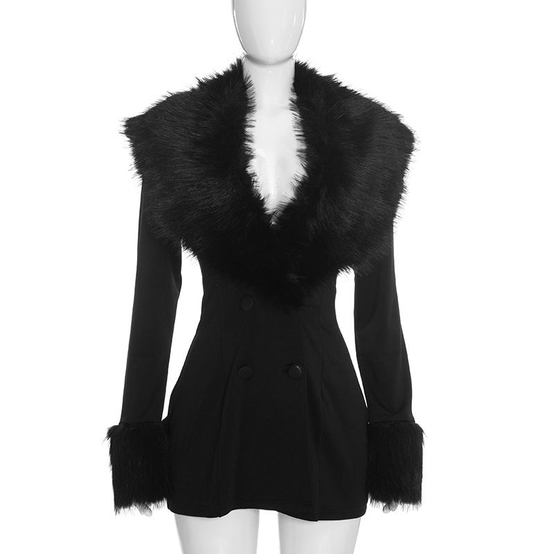 MB10210 Women Fuzzy Fur Collar Blazer Dress