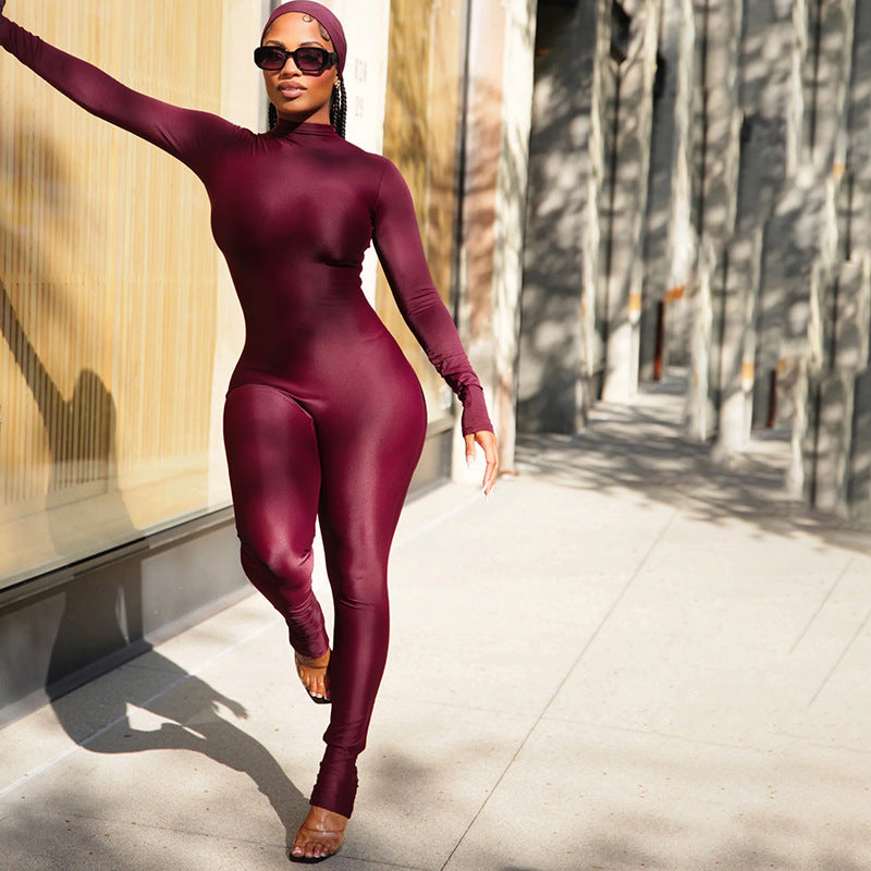MB10151 Women's Wine Red Long Sleeve Turtleneck Jumpsuit