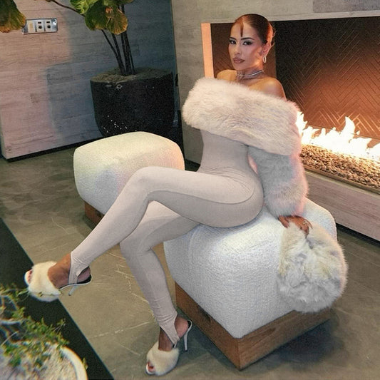 MB1145 Women’s Faux Fur Long Sleeve Jumpsuit