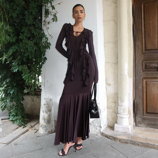 MB1134 Ruffled Long-Sleeve Maxi Dress