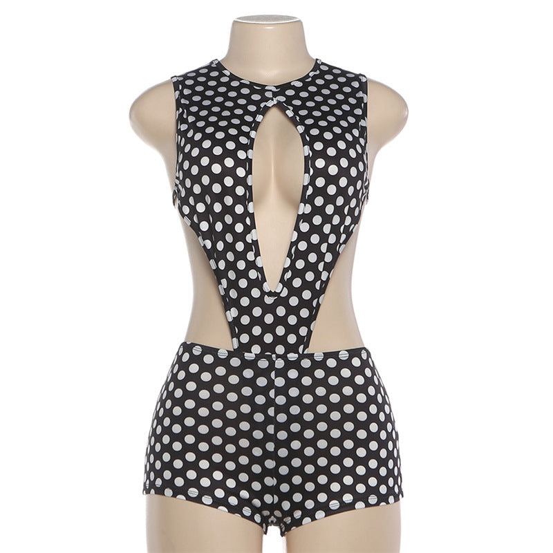 MB1156 Black White Polka Dot Cutout Bodysuit & Shorts 2 Piece Set